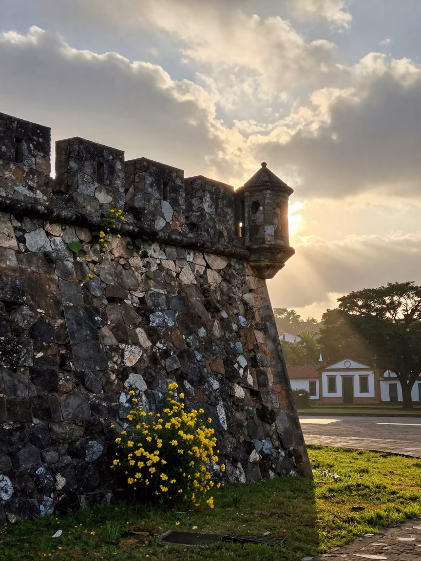 Nature Reclaimed Bastion with Yellow Flowers at Dawn in through an abandoned ceremonial court near São Paulo