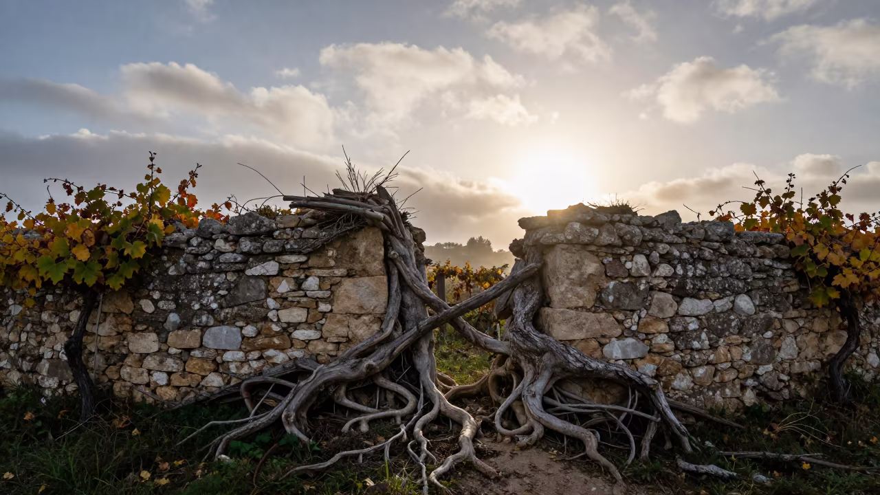 Nature Reclaims Ancient Stone Wall in Catalonia in along a vine-choked corridor in Catalonia