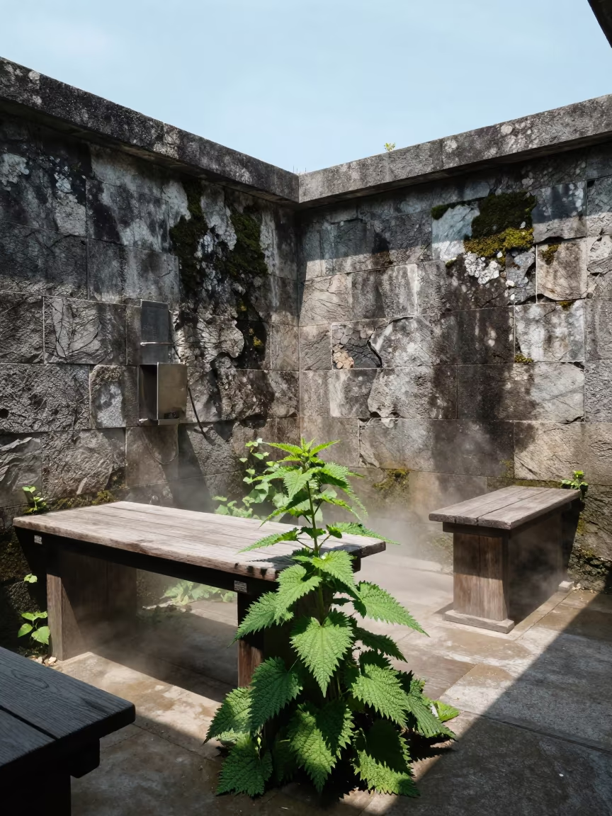 Nature Reclaims Roofless Hammam in Japan in inside a roofless hammam in Japan