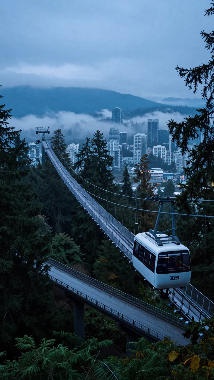 Nautical Dawn Aerial Tramway and Rainy Overpass in Vancouver British Columbia Canada in in Vancouver, British Columbia, Canada