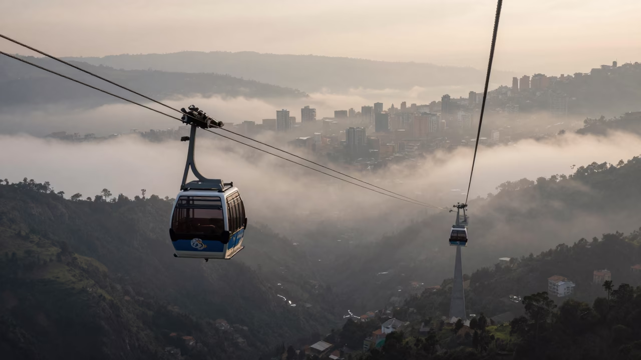 Nautical Dawn Aerial Tramway Crossing Foggy Mountain Valley in Medellin Colombia in in Medellin, Colombia