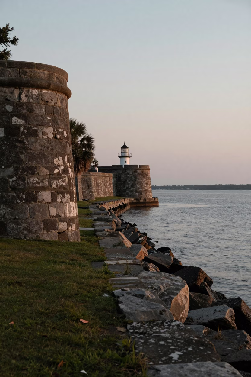 Nautical Dawn at Charleston Battery with Historic Stone and Lowcountry Marsh Views in in Charleston, South Carolina, United States