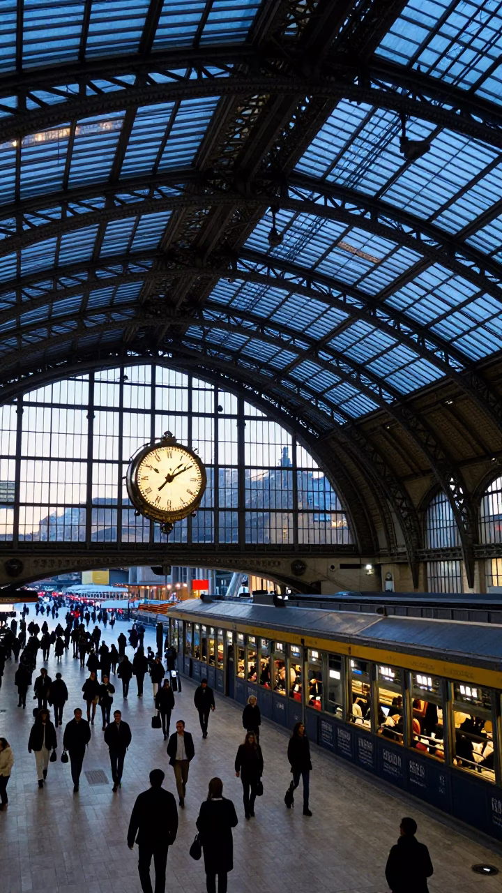 Nautical Dawn at Gare du Nord Paris Train Station Clock Under Vaulted Iron Roof in in Paris, France