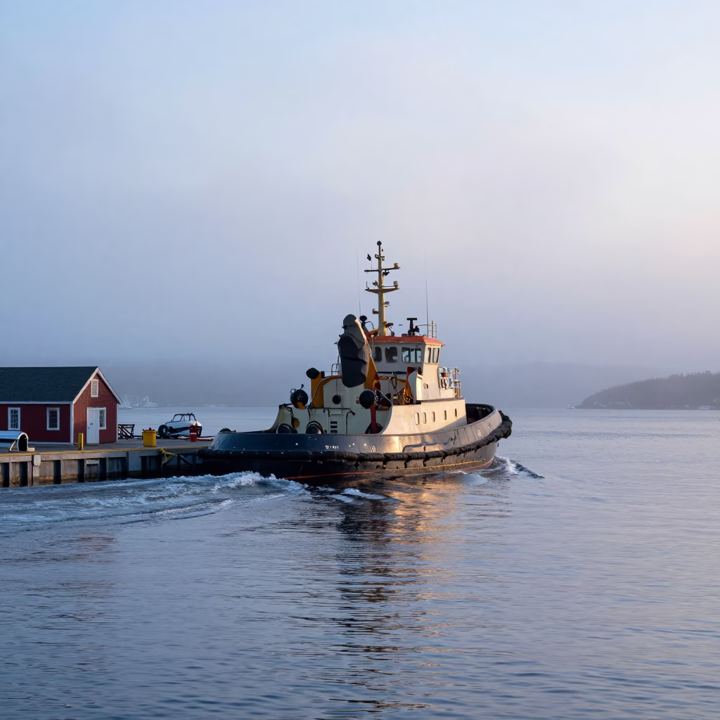 Nautical Dawn at Halifax Harbour with Tugboat and Ice Crystals on Windshield in in Halifax, Nova Scotia, Canada
