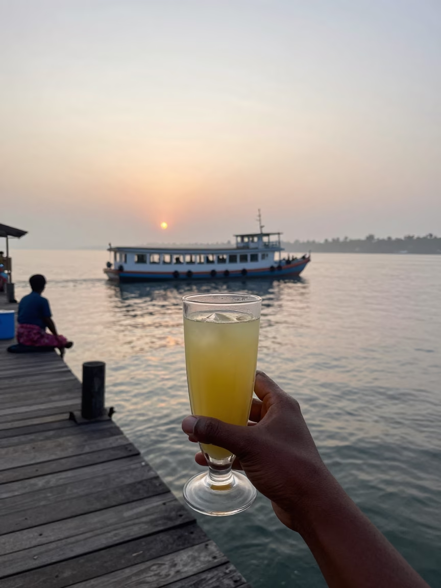 Nautical Dawn at Kochi Backwaters with Ferry and Sugarcane Juice Vendor in in Kochi, India