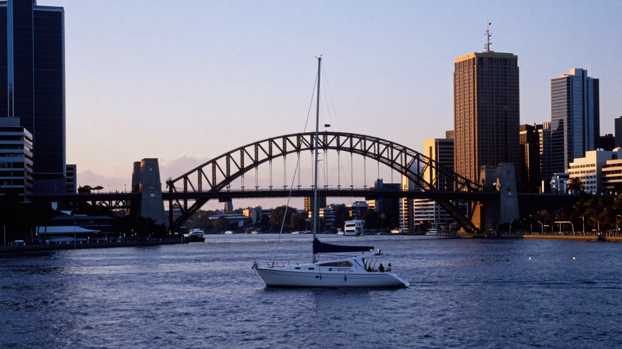 Nautical Dawn at Melbourne Harbour Bridge with Yacht and City Skyline in in Melbourne, Victoria, Australia