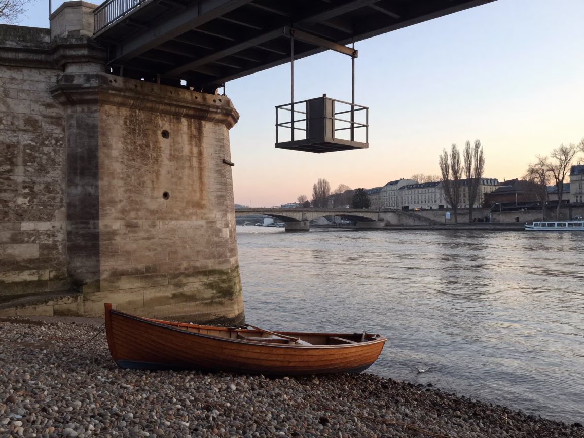 Nautical Dawn at Paris Seine Riverbank with Rowboat and Bridge Maintenance Cage in in Paris, France
