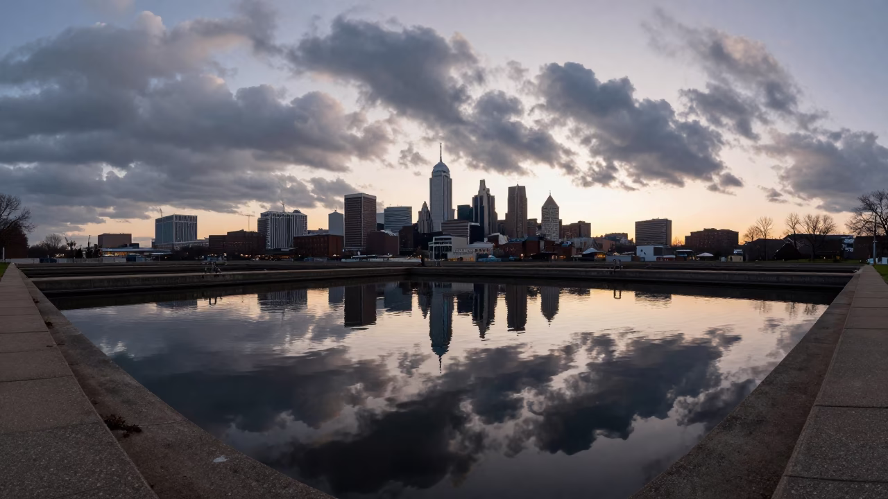 Nautical Dawn at Philadelphia Water Treatment Basin Reflecting Industrial Clouds and City Skyline in in Philadelphia, Pennsylvania, United States