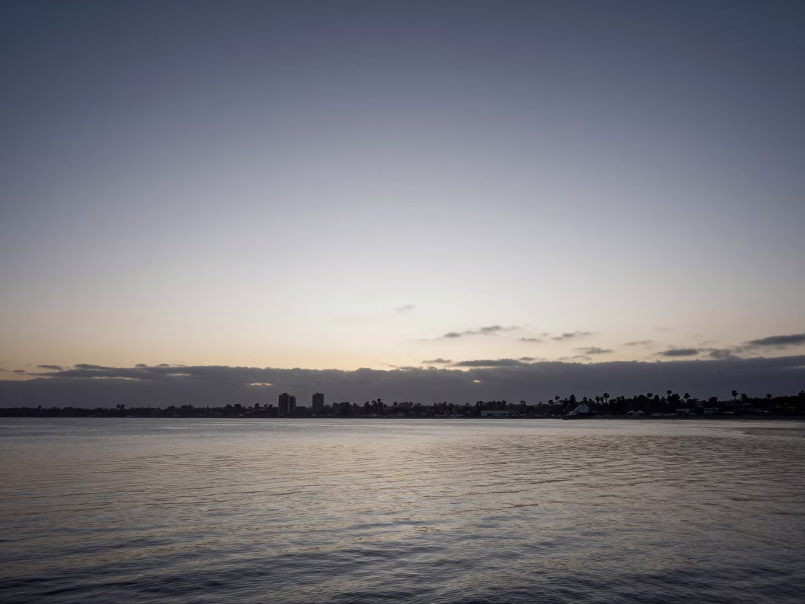 Nautical Dawn at San Diego Bay with Sun Stripe Across Basin and Harbor Details in in San Diego, California, United States