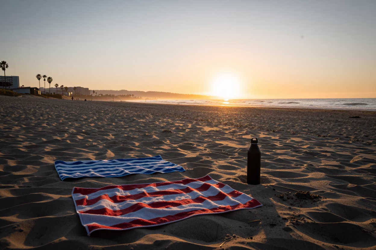 Nautical Dawn at San Diego Beach with Towels and Water Bottle in in San Diego, California, United States