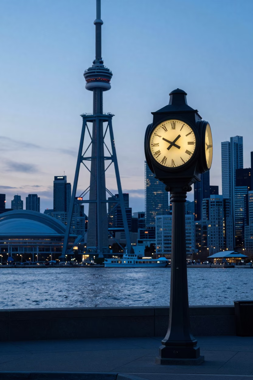 Nautical Dawn at Toronto Harbourfront with Vintage Train Clock and Steel Architecture in in Toronto, Ontario, Canada