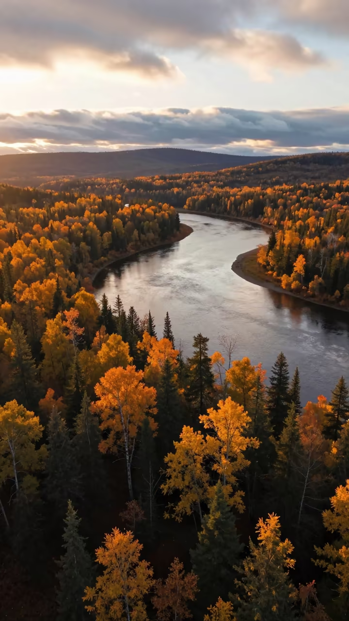 Nautical Dawn Glow Over Autumn River Bend Canopy in from a ridge above layered foothills in Northwest Territories