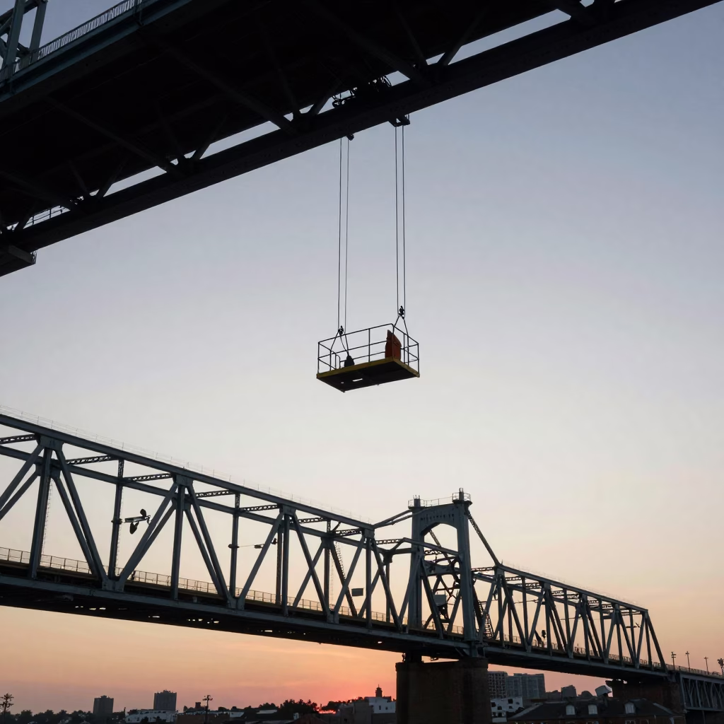 Nautical Dawn Bridge Maintenance Cage Swinging in New Orleans Crosswind in in New Orleans, Louisiana, United States