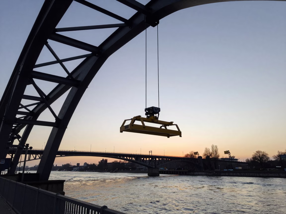 Nautical Dawn Bridge Maintenance Cradle and Padlock Over Berlin Spree River in in Berlin, Germany