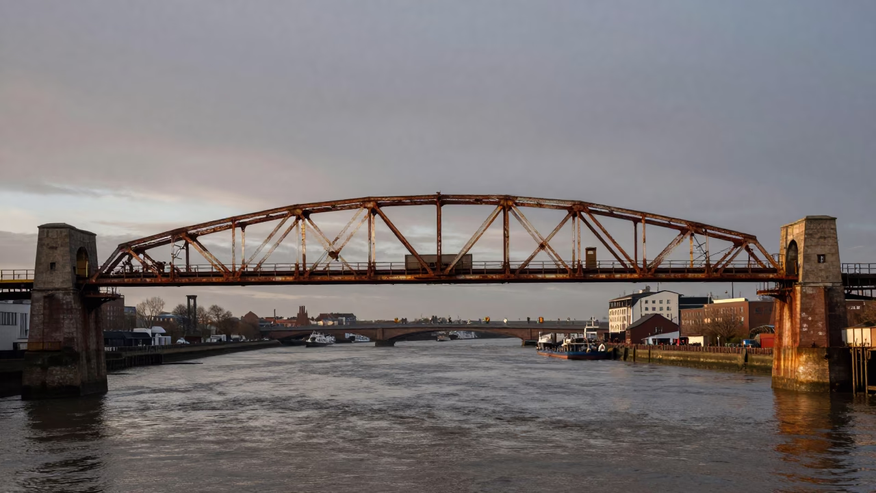 Nautical Dawn Bridge Maintenance Cradle Over Green River Water in Liverpool United Kingdom in in Liverpool, United Kingdom