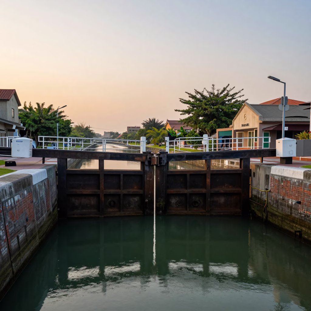 Nautical Dawn Canal Lock Gate Closing on Still Green Water in Tainan Taiwan in in Tainan, Taiwan