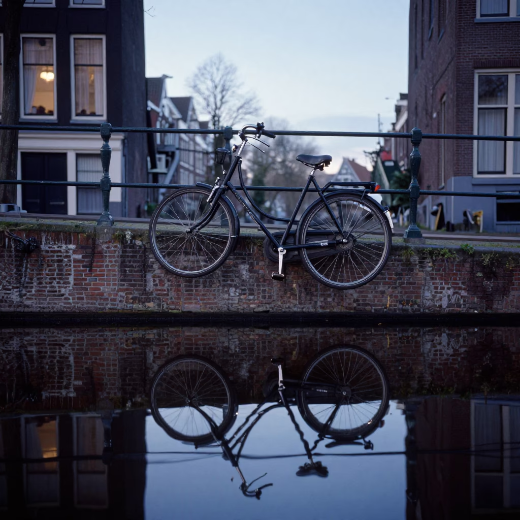 Nautical Dawn Canal Reflections in Amsterdam Netherlands with Vintage Bicycle and Misty Water in in Amsterdam, Netherlands