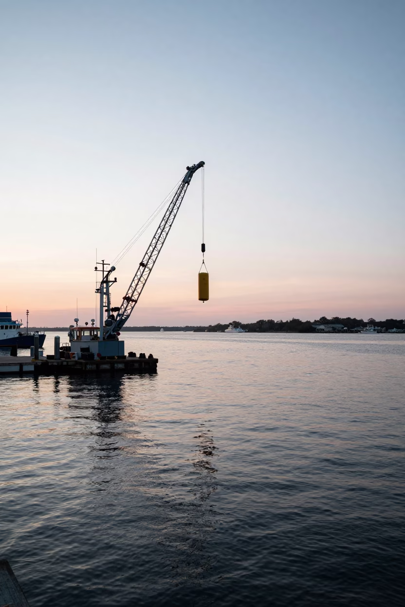 Nautical Dawn Charleston SC Hydrophone Buoy Craned Over Water in in Charleston, South Carolina, United States