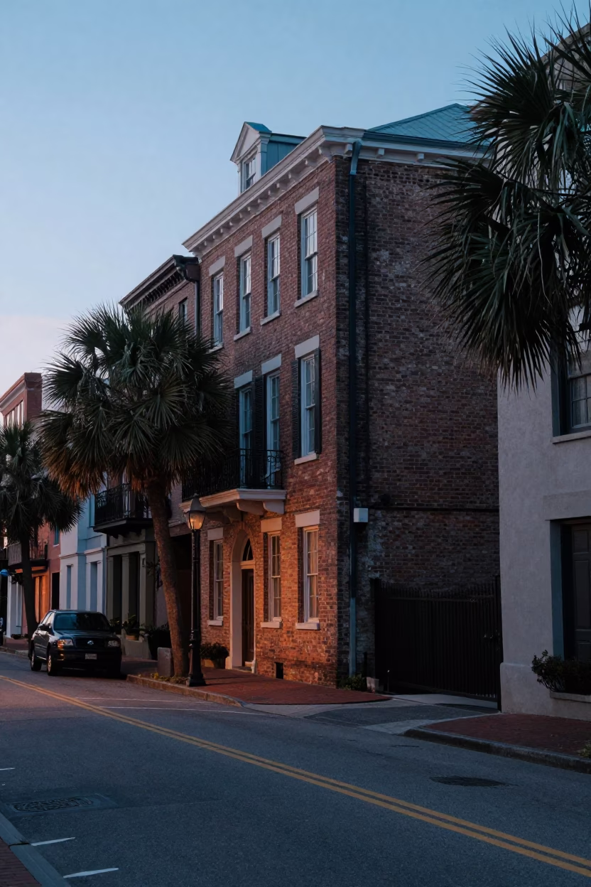 Nautical Dawn Charleston South Carolina Street Scene with Vintage 1960s Atmosphere in in Charleston, South Carolina, United States