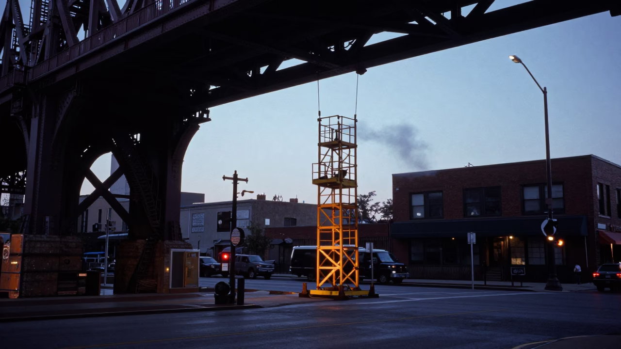 Nautical Dawn Chicago Street Scene with Bridge Maintenance Cage and Train Station Clock in in Chicago, Illinois, United States