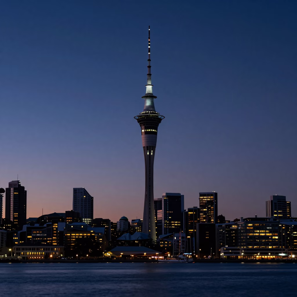 Nautical Dawn Cityscape of Auckland New Zealand Sky Tower and Harbour Bridge in in Auckland, New Zealand