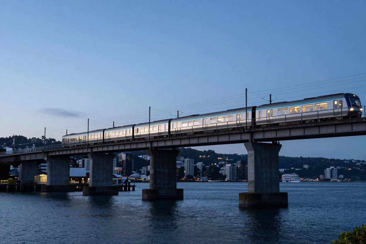 Nautical Dawn Commuter Train Crossing Bridge Over Wellington Harbor in in Wellington, New Zealand
