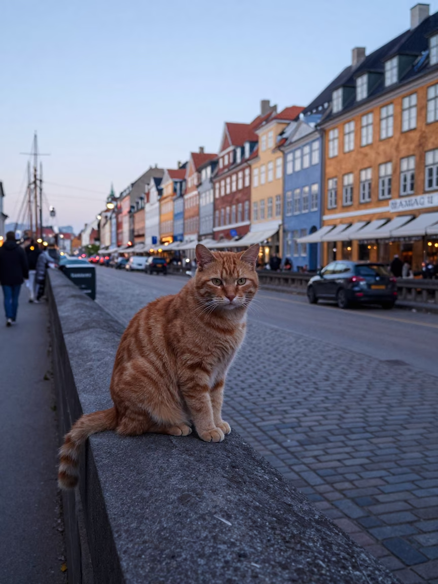 Nautical Dawn Copenhagen Street Scene with Ginger Cat and Brass Details in in Copenhagen, Denmark