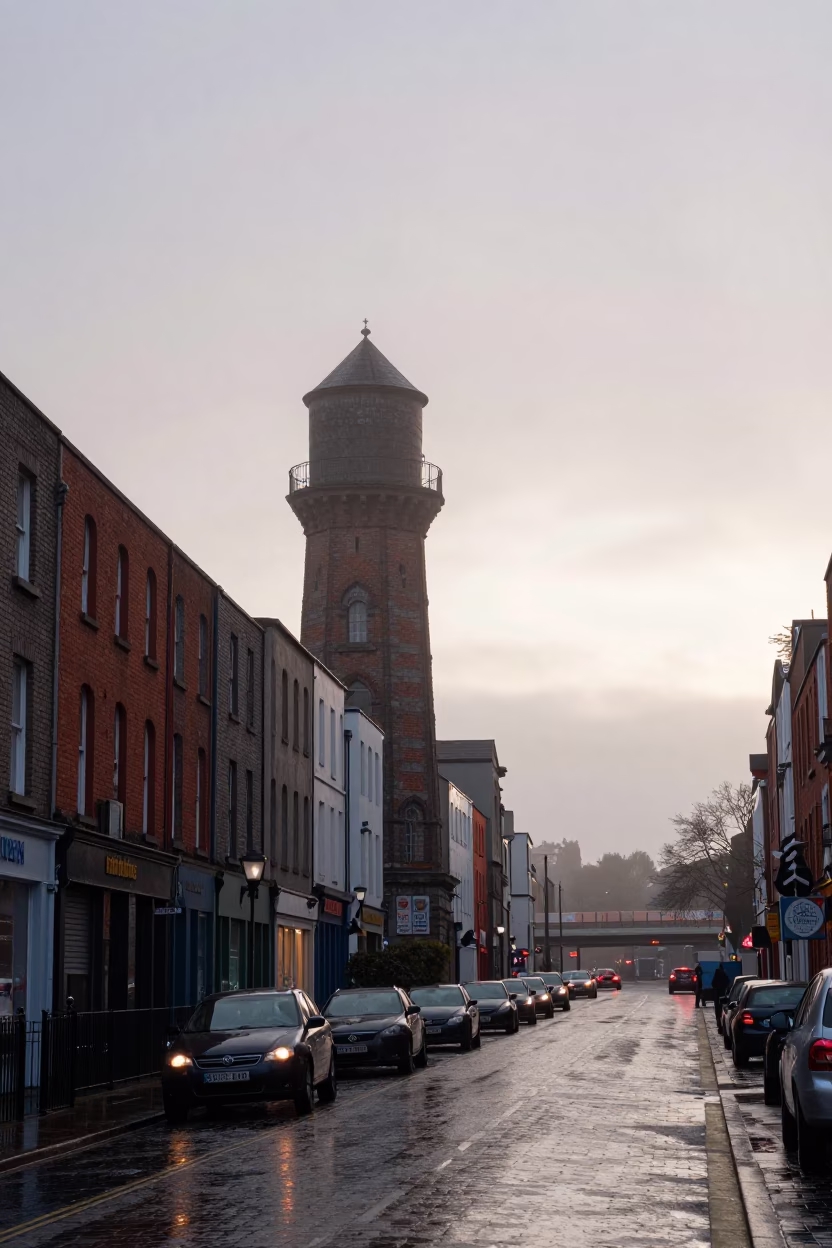 Nautical Dawn Dublin Street Scene with Water Tower and Rain-Slicked Overpass in in Dublin, Ireland