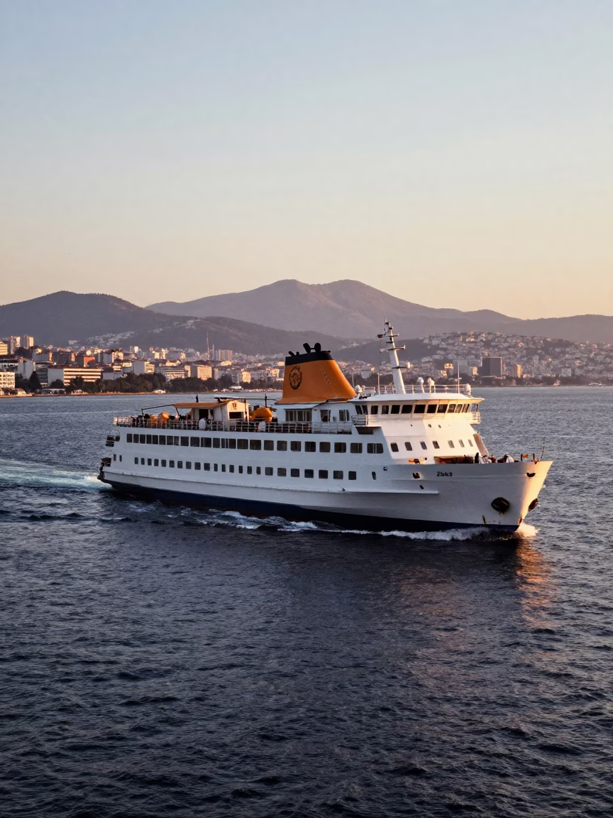 Nautical Dawn Ferry Departure from Izmir Harbor with Mountain Backdrop and Coastal Light in in Izmir, Turkey