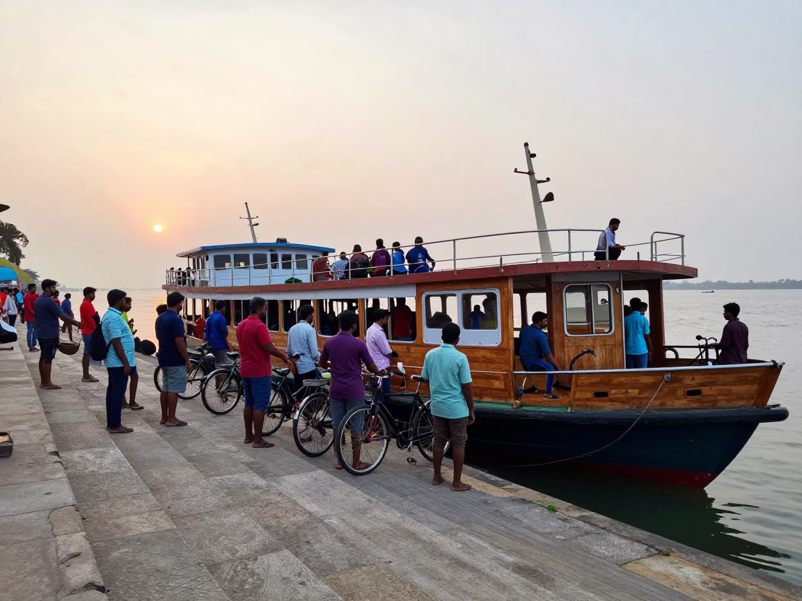 Nautical Dawn Ferry Loading Passengers and Bicycles at Kochi Dock in India in in Kochi, India