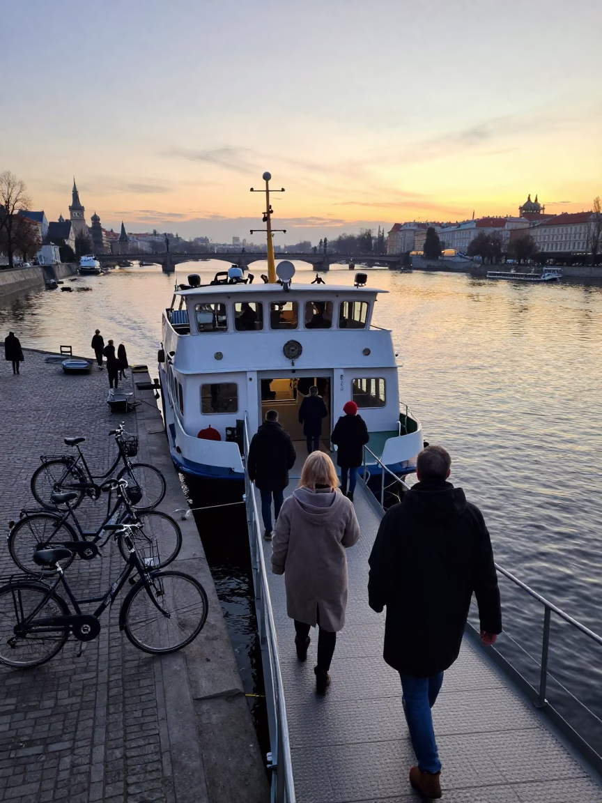 Nautical Dawn Ferry Loading Passengers and Bicycles at Prague Dock in in Prague, Czech Republic