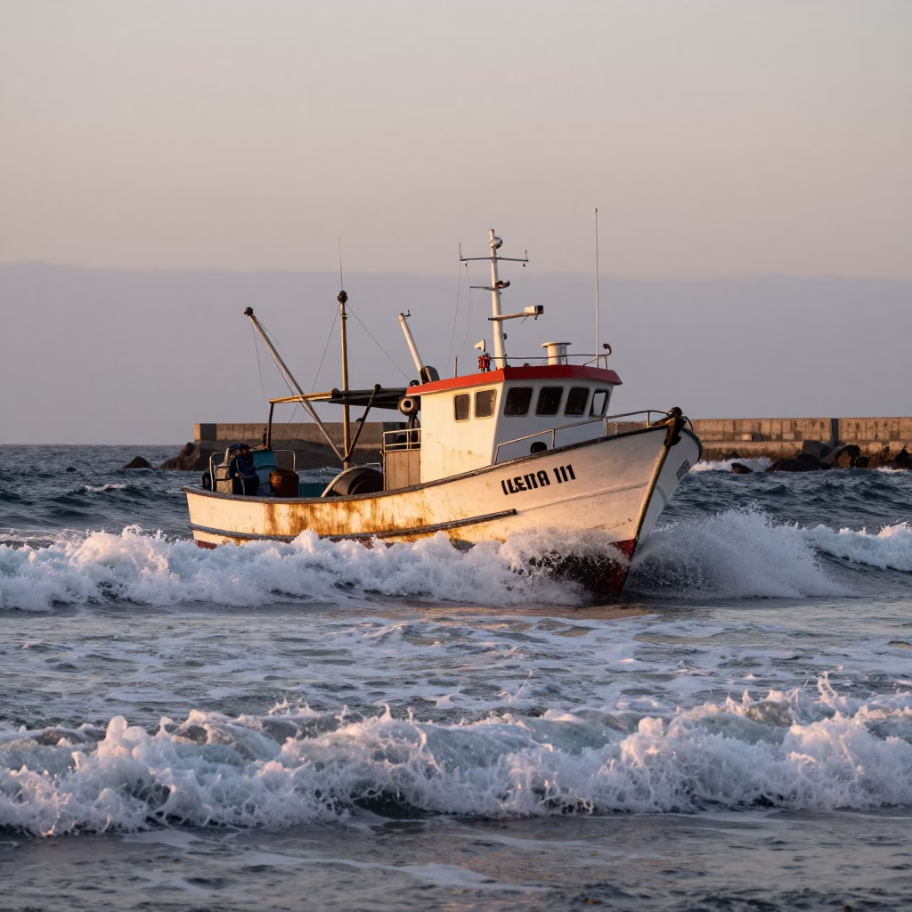 Nautical Dawn Fishing Boat Returning Through Crashing Surf in Valparaiso Chile in in Valparaiso, Chile