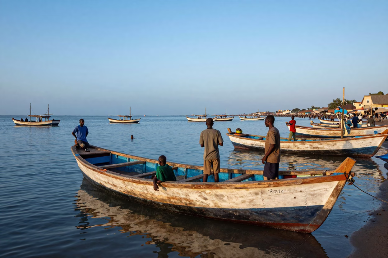 Nautical Dawn Fishing Prau in Dakar Senegal Harbor with Local Fishermen in in Dakar, Senegal