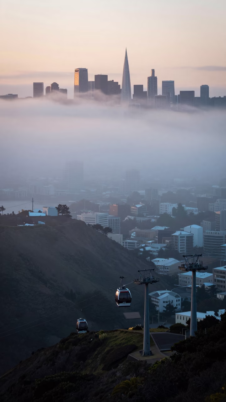Nautical Dawn Fog and Aerial Tramway Gondola Over San Francisco Hills in in San Francisco, California, United States