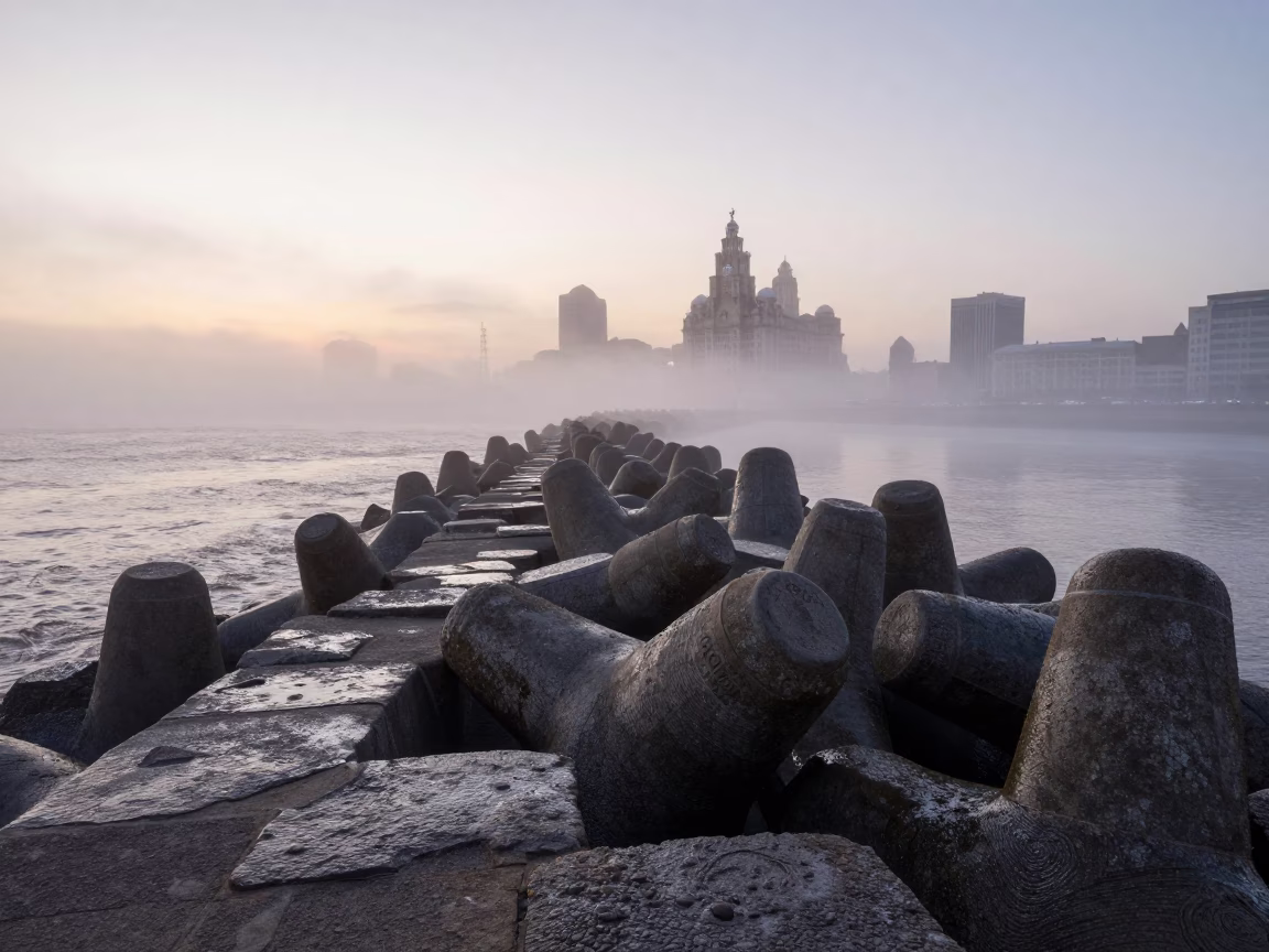 Nautical Dawn Fog Over Liverpool Breakwater and Stone Sea Defenses in in Liverpool, United Kingdom