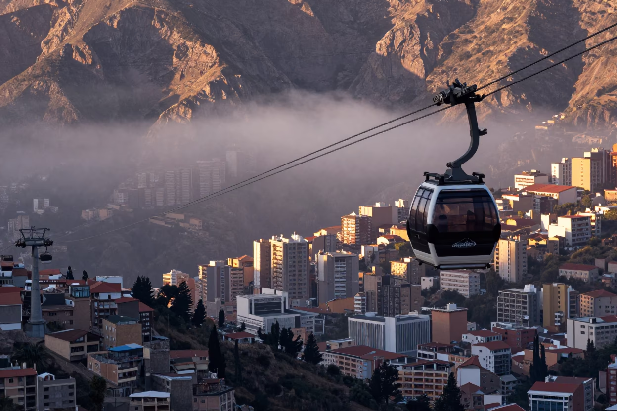 Nautical Dawn Gondola Lift Over La Paz Gorge with City Skyline in in La Paz, Bolivia