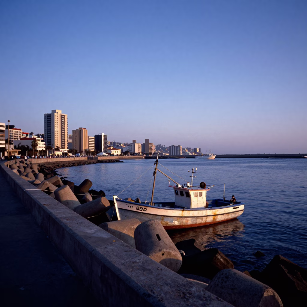 Nautical Dawn Harbor Breakwater and Blue Hour Sky in Valparaiso Chile in in Valparaiso, Chile