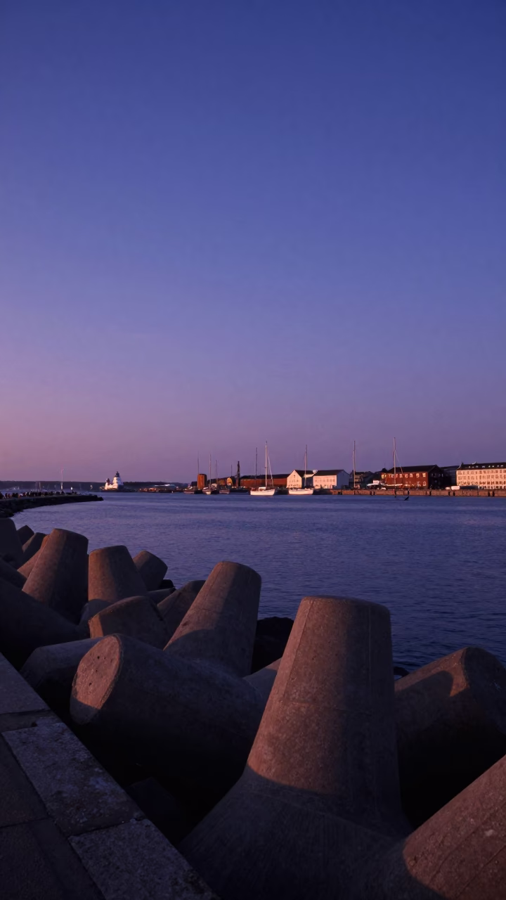 Nautical Dawn Harbor Breakwater Copenhagen Blue Hour Sky Fading Above Water in in Copenhagen, Denmark