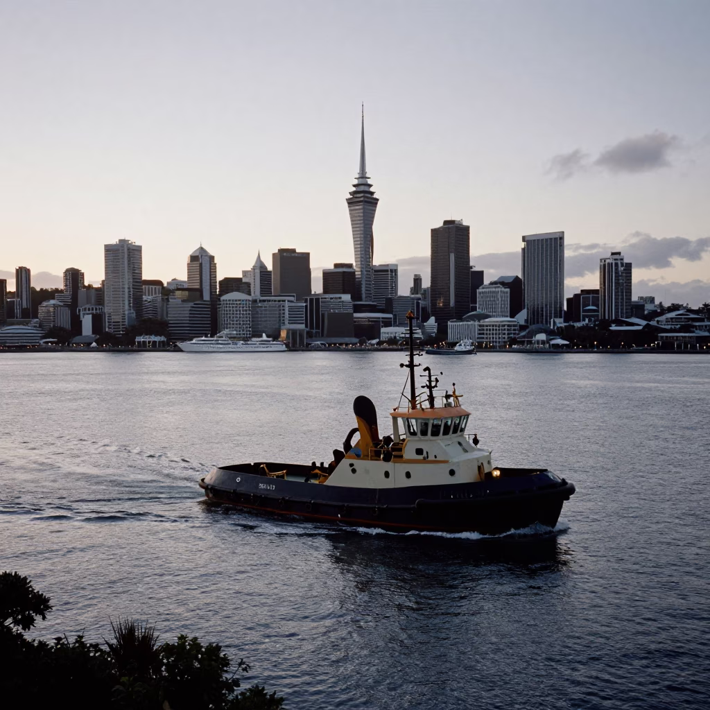 Nautical Dawn Harbor Scene in Auckland New Zealand with Tugboat and Skyline in in Auckland, New Zealand