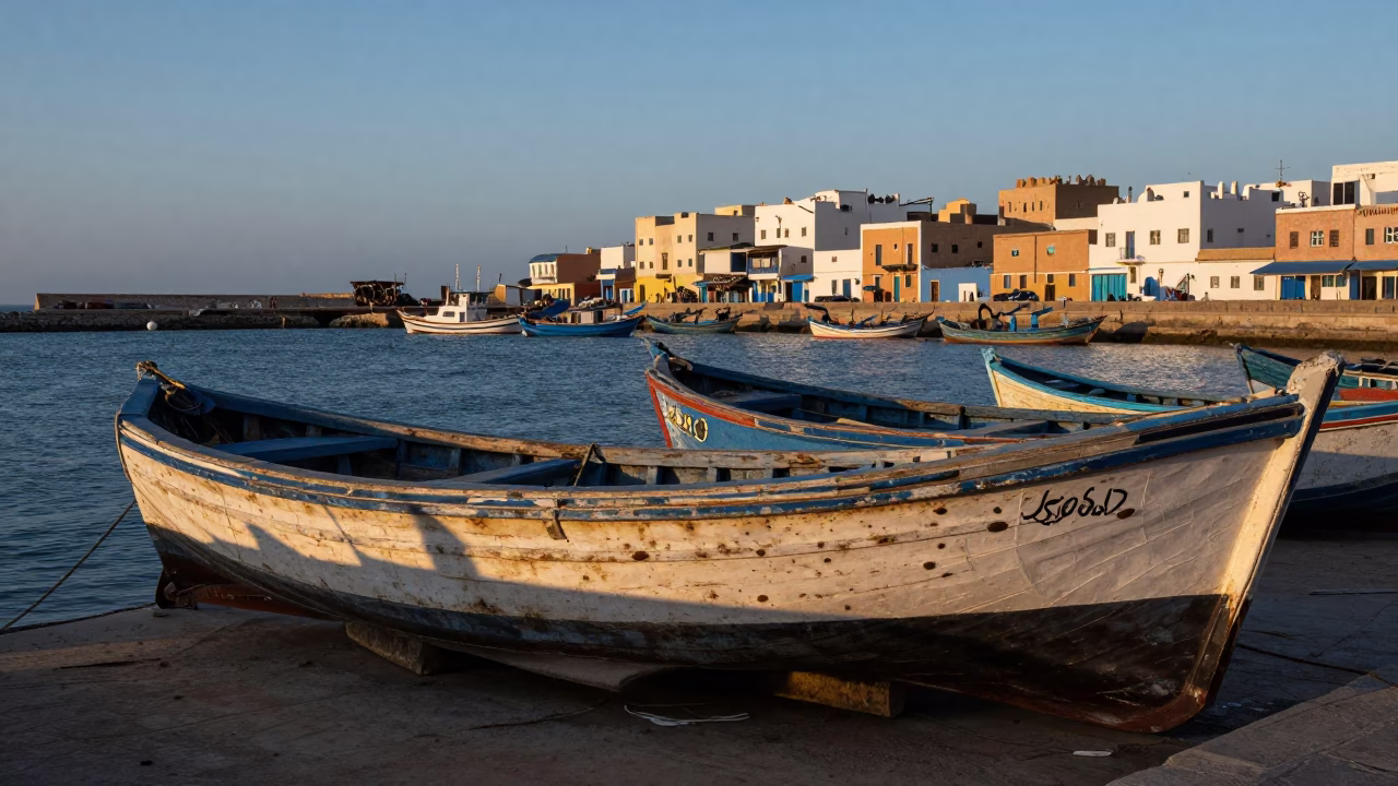 Nautical Dawn Harbor Scene in Essaouira Morocco with Weathered Fishing Boats in in Essaouira, Morocco