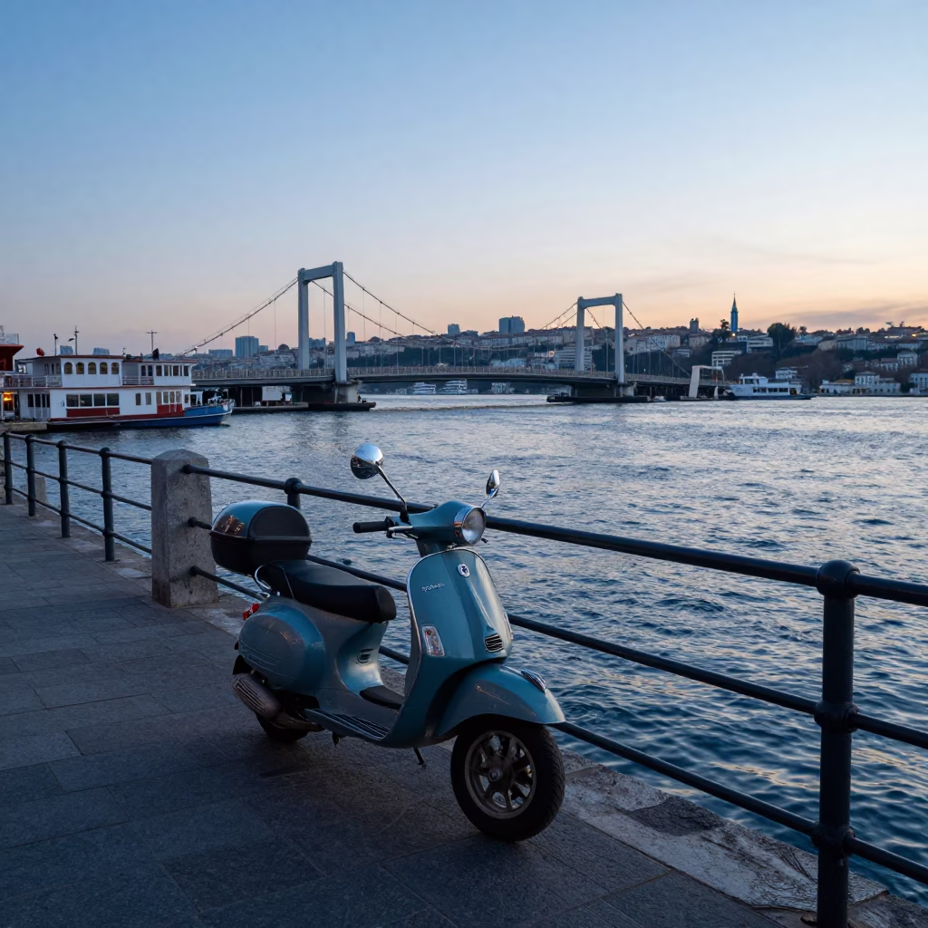 Nautical Dawn Harbor Scene in Istanbul Turkey with Scooter and Drawbridge Markings in in Istanbul, Turkey
