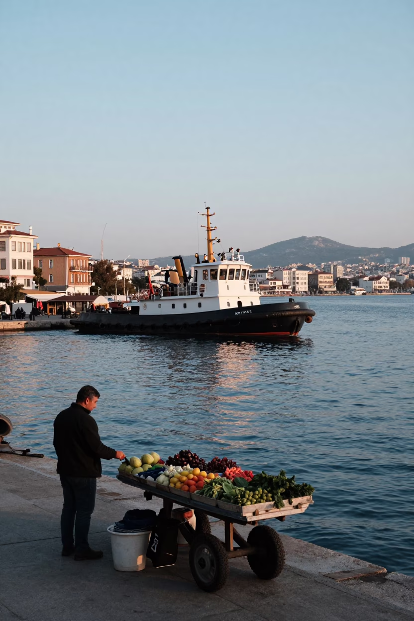 Nautical Dawn Harbor Scene in Izmir Turkey with Tugboat and Local Life in in Izmir, Turkey