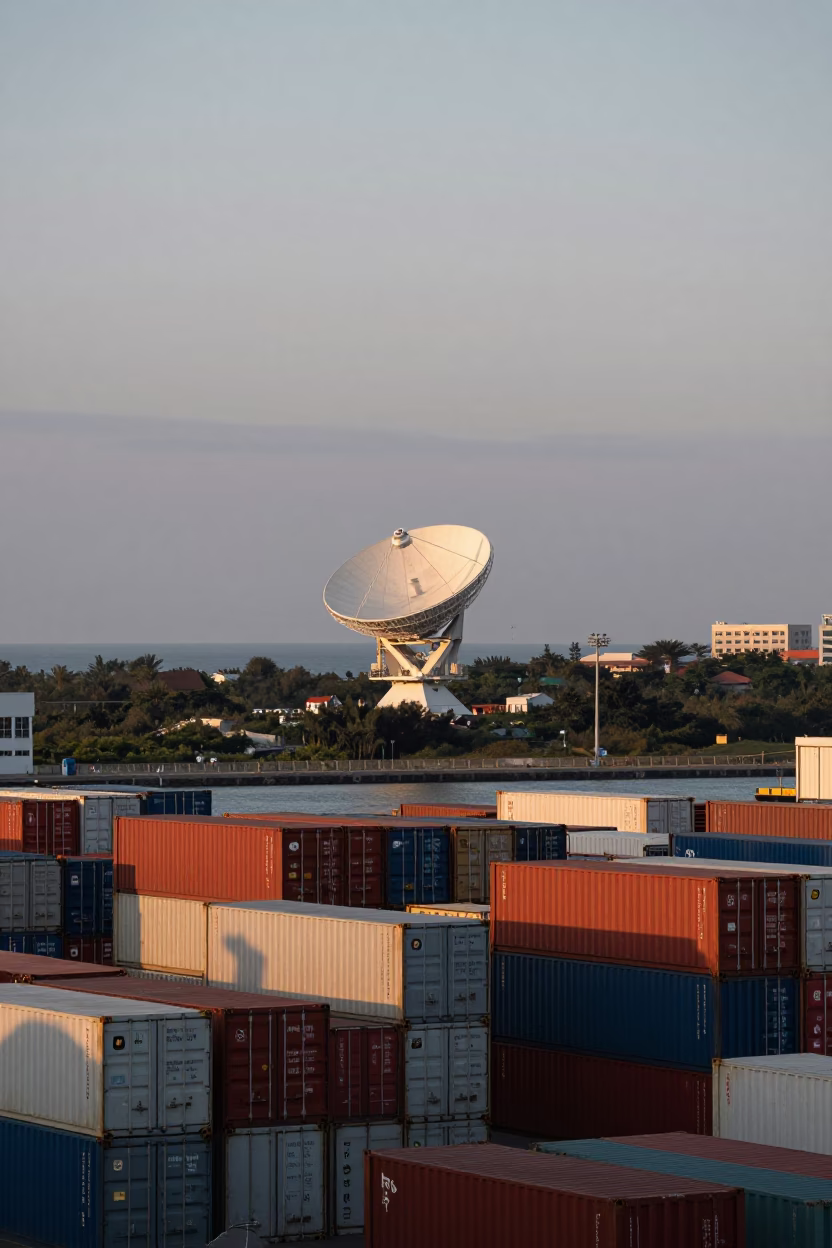 Nautical Dawn Harbor Scene in Kaohsiung Taiwan with Shipping Containers and Radiotelescope Dish in in Kaohsiung, Taiwan