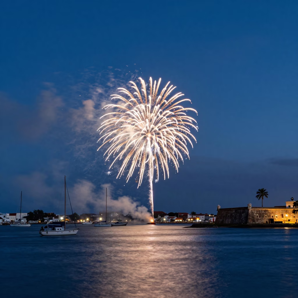 Nautical Dawn Harbor Scene in Salvador Brazil with Fireworks and Banyan Tree Roots in in Salvador, Brazil