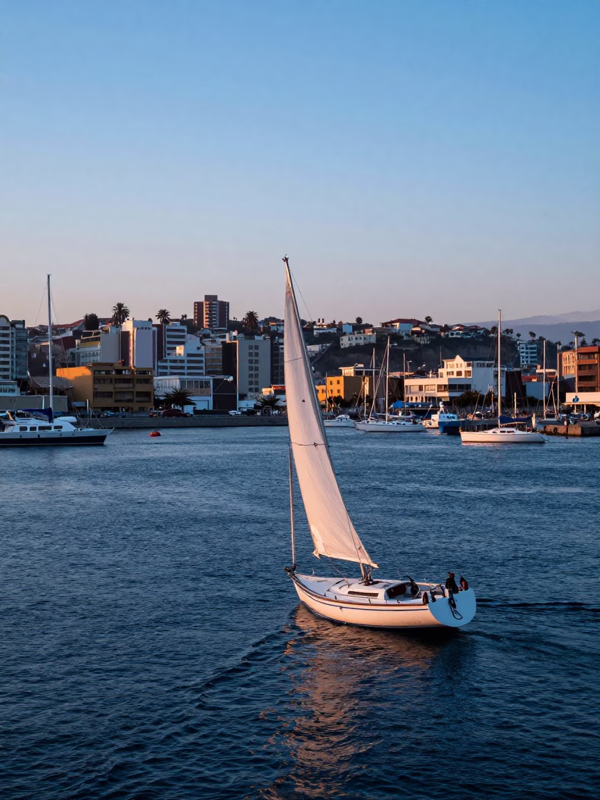 Nautical Dawn Harbor Scene in Valparaiso Chile with Sailboat and Coastal Architecture in in Valparaiso, Chile
