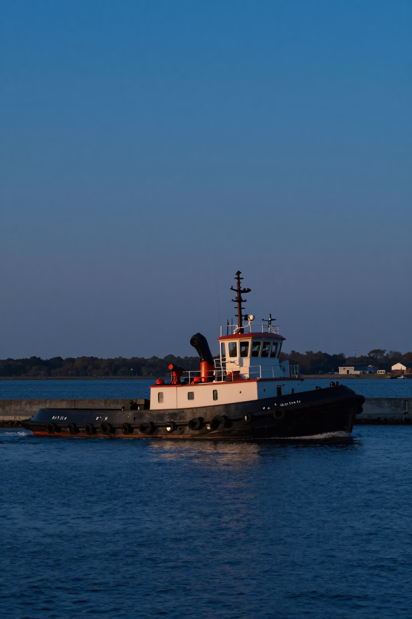 Nautical Dawn Harbor Scene with Blue Hour Sky and Tugboat in Philadelphia Pennsylvania in in Philadelphia, Pennsylvania, United States