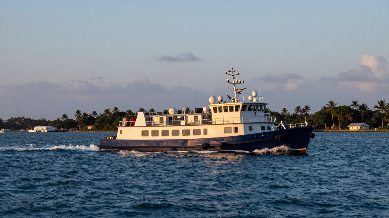 Nautical Dawn Harbor Scene with Pilot Boat and Miami Skyline in in Miami, Florida, United States