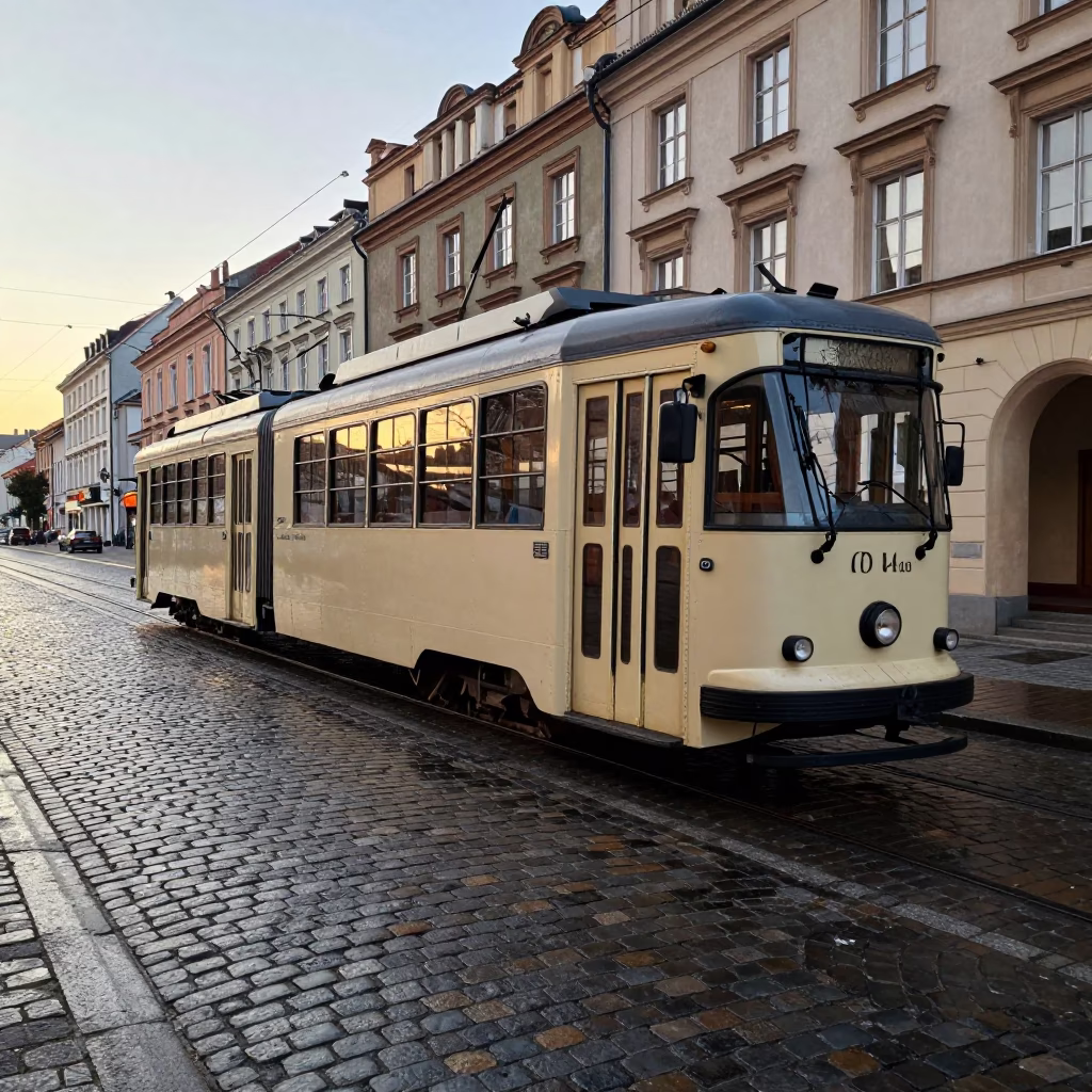 Nautical Dawn Heritage Tram on Cobblestone Avenue in Krakow Poland in in Krakow, Poland