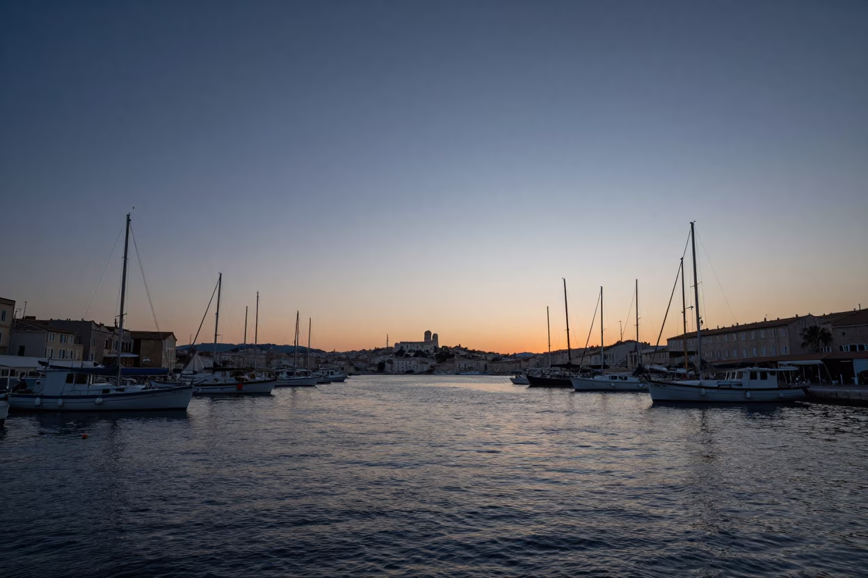 Nautical Dawn Horizon Over Marseille Vieux Port Fishing Boats and Harbor in in Marseille, France