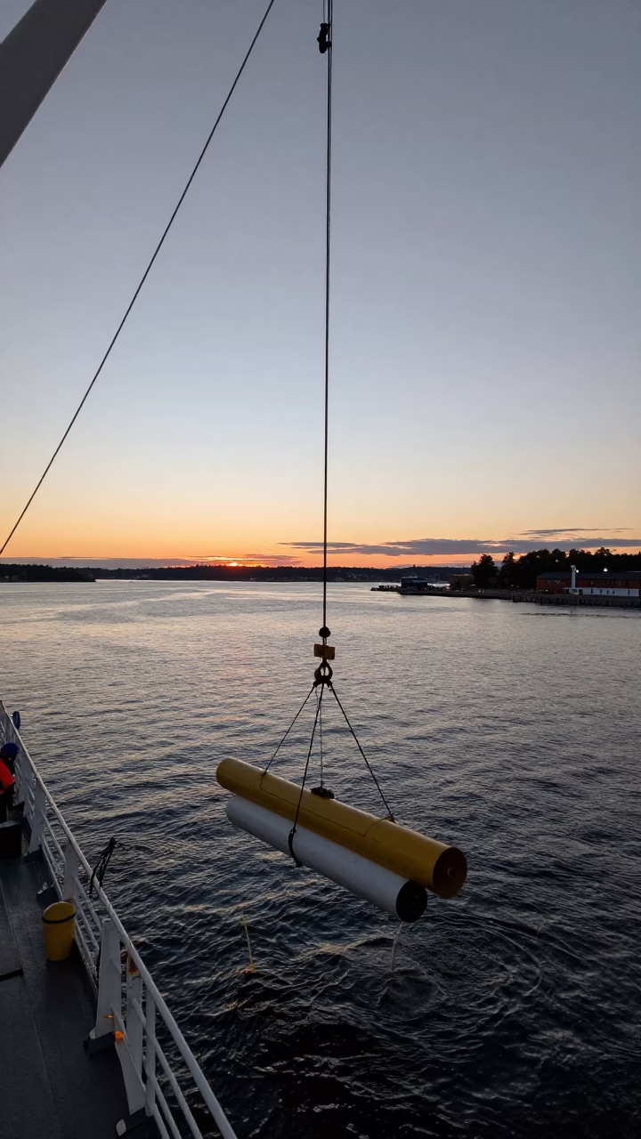 Nautical Dawn Hydrophone Array Lowered From Research Vessel in Stockholm Sweden in in Stockholm, Sweden